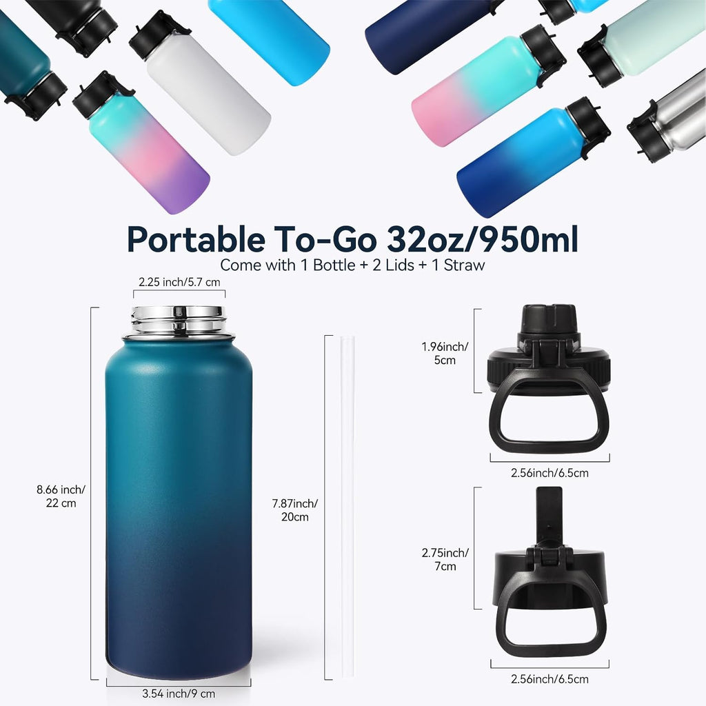 Neihepal 32 oz Insulated Water Bottles Bulk with 2 Lids (Straw & Spout Lid), Stainless Steel Double Wall Water Bottle, Keeps Cold 24H & Hot 12H (Eight Color,8 Pack)
