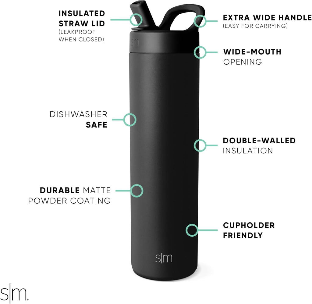 Simple Modern Insulated Water Bottle with Manual Straw | 24oz | Black