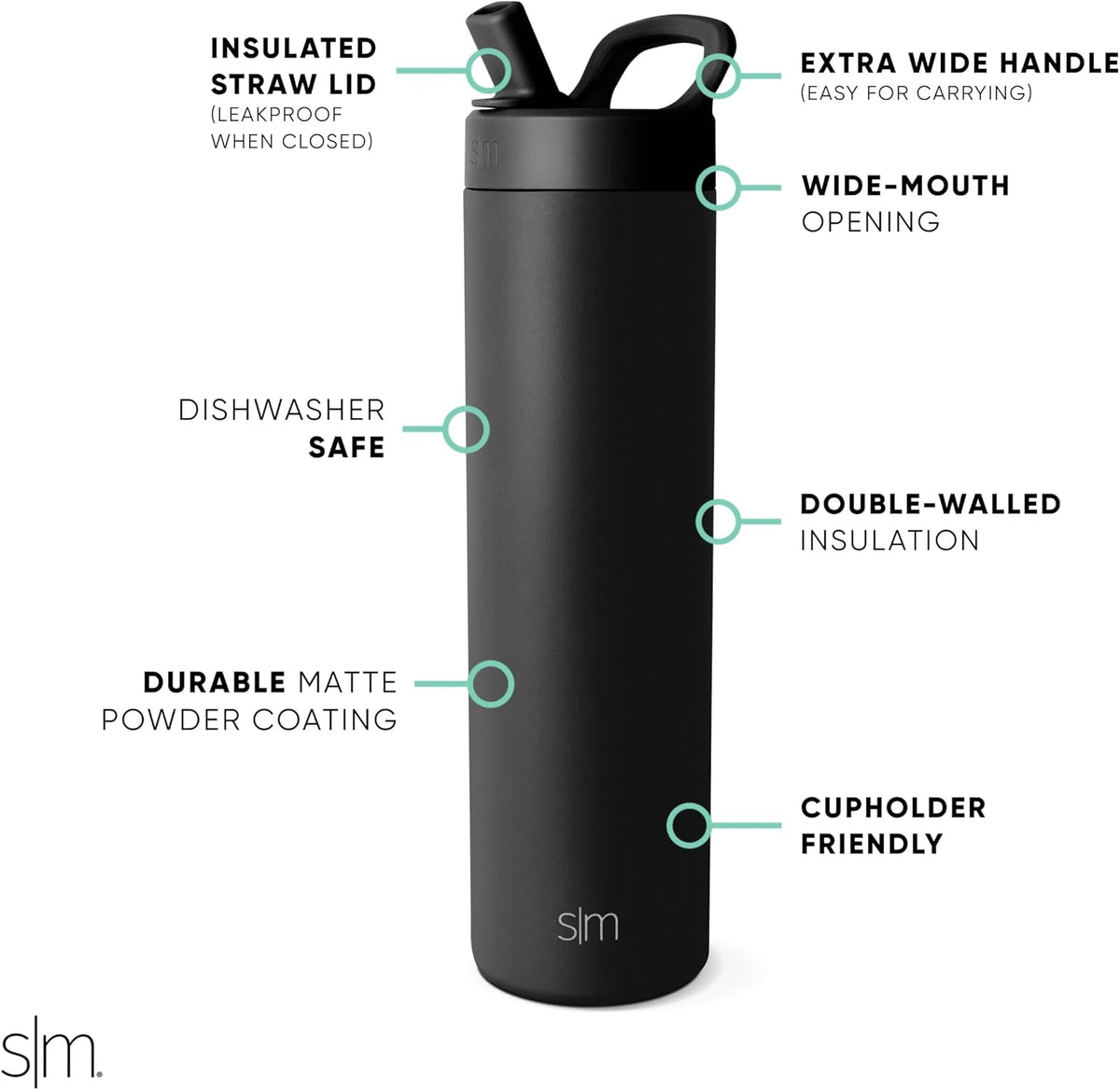 Simple Modern Insulated Water Bottle with Manual Straw | 24oz | Black