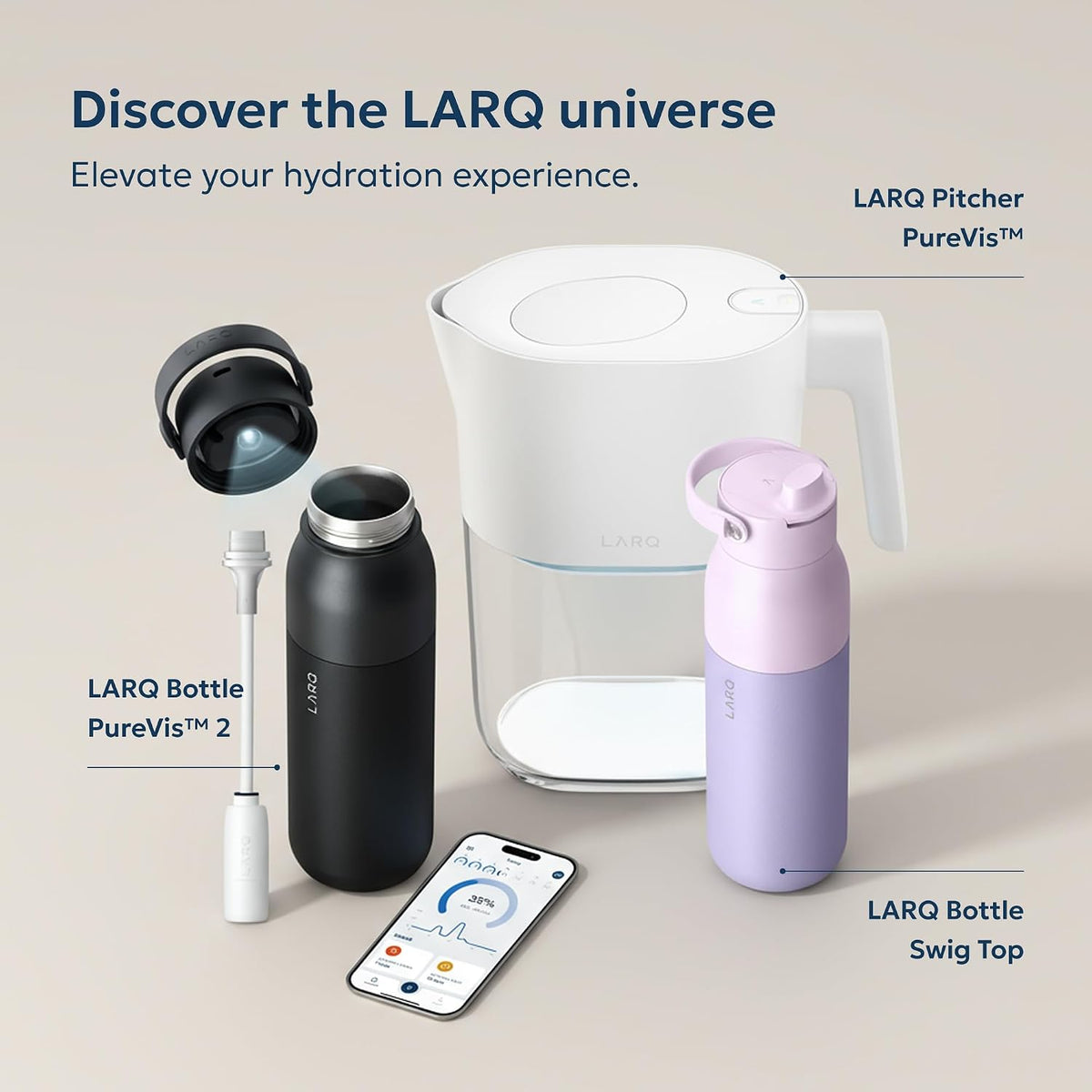 LARQ Twice as Nice Set Bottle Swig Top 34oz - Insulated Stainless Steel Water Bottle With Built-In Silicone Handle, Mojave Dune & Obsidian Black