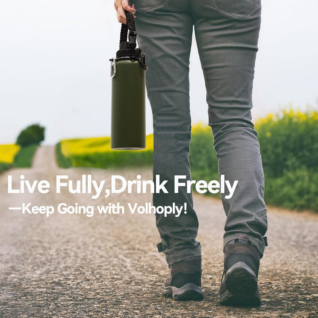 Volhoply Insulated Water Bottles Bulk 8 Pack, 40 oz Stainless Steel Sports Bottle with Paracord Handle Spout Lid, Vacuum Metal Travel Cups with Wide Mouth,Reusable Large Water Cup(Army Green,8 Set)