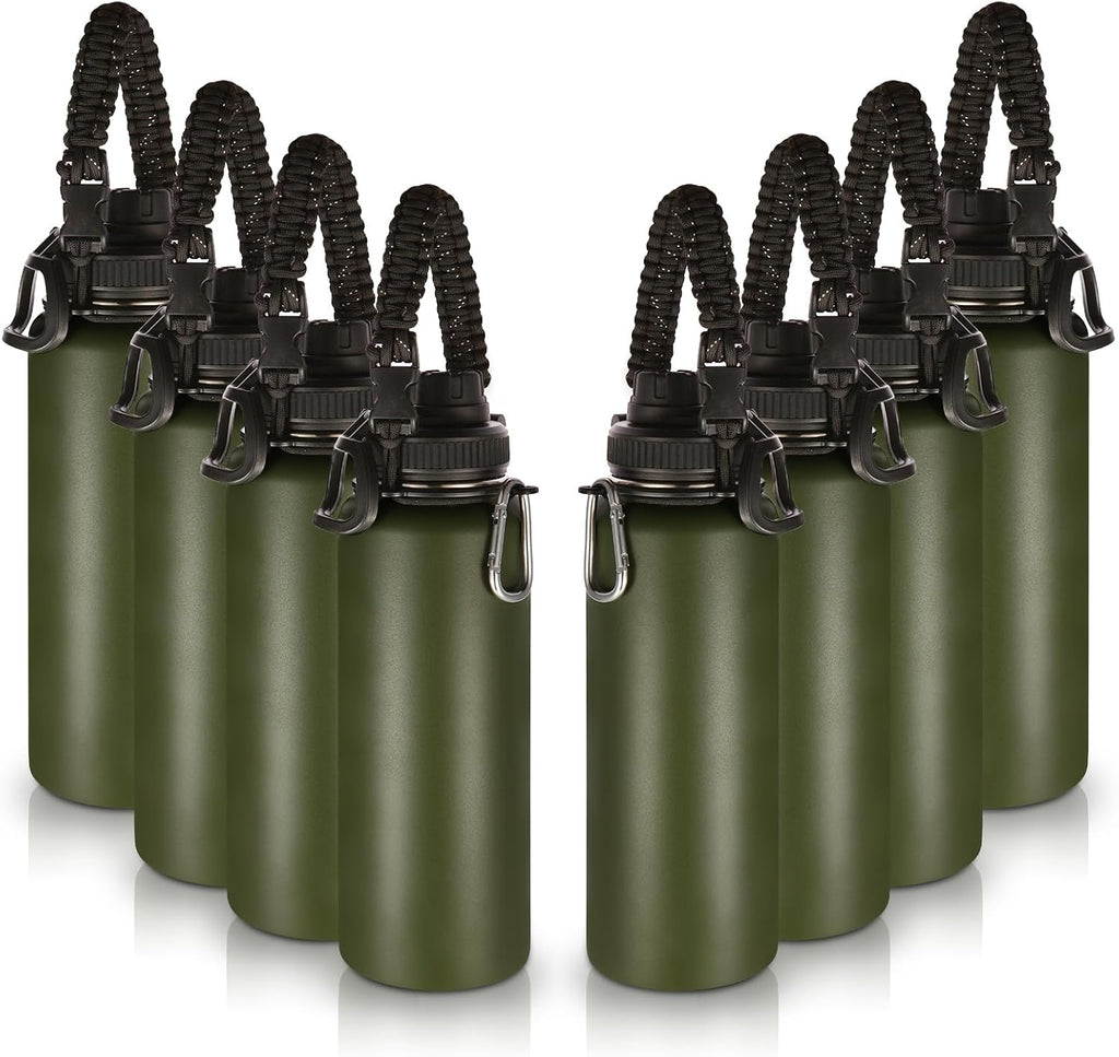Volhoply Insulated Water Bottles Bulk 8 Pack, 40 oz Stainless Steel Sports Bottle with Paracord Handle Spout Lid, Vacuum Metal Travel Cups with Wide Mouth,Reusable Large Water Cup(Army Green,8 Set)