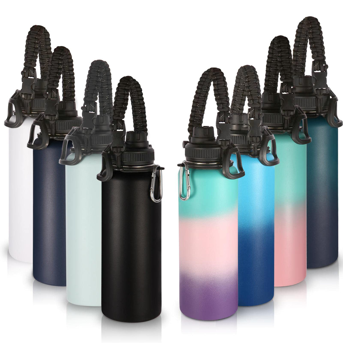 Volhoply Insulated Water Bottles Bulk 8 Pack, 40 oz Stainless Steel Sports Bottle with Paracord Handle Spout Lid, Vacuum Metal Travel Cups with Wide Mouth,Reusable Large Water Cup(Army Green,8 Set)