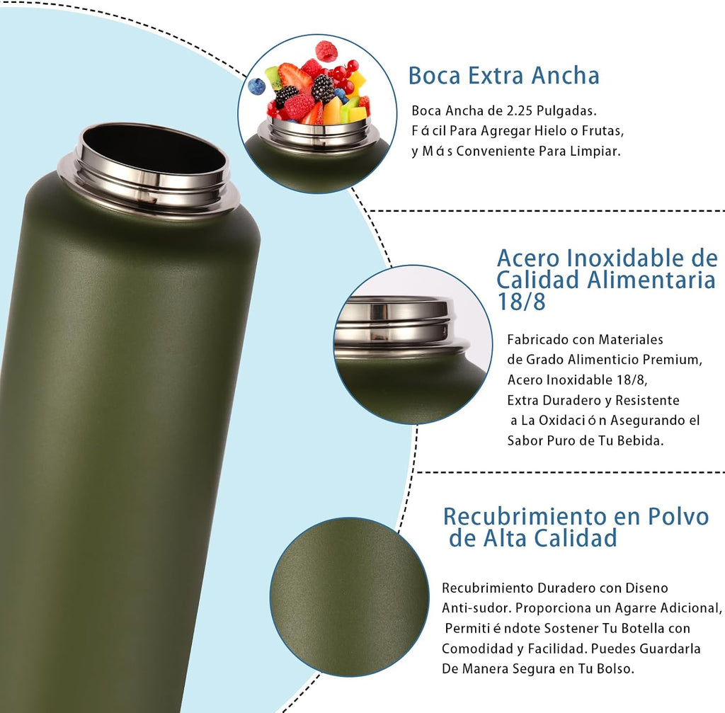Volhoply Insulated Water Bottles Bulk 8 Pack, 40 oz Stainless Steel Sports Bottle with Paracord Handle Spout Lid, Vacuum Metal Travel Cups with Wide Mouth,Reusable Large Water Cup(Army Green,8 Set)