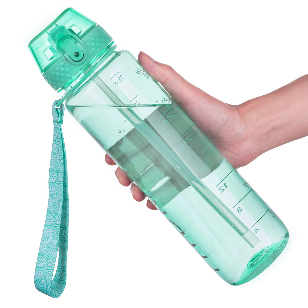 GOPPUS 32oz Clear Motivational Water Bottle with Straw & Time Marker, BPA Free Tritan Leakproof Sports Bottle, Wide Mouth Reusable Bottle for Gym, Hiking, Travel, School & Office（Clear）