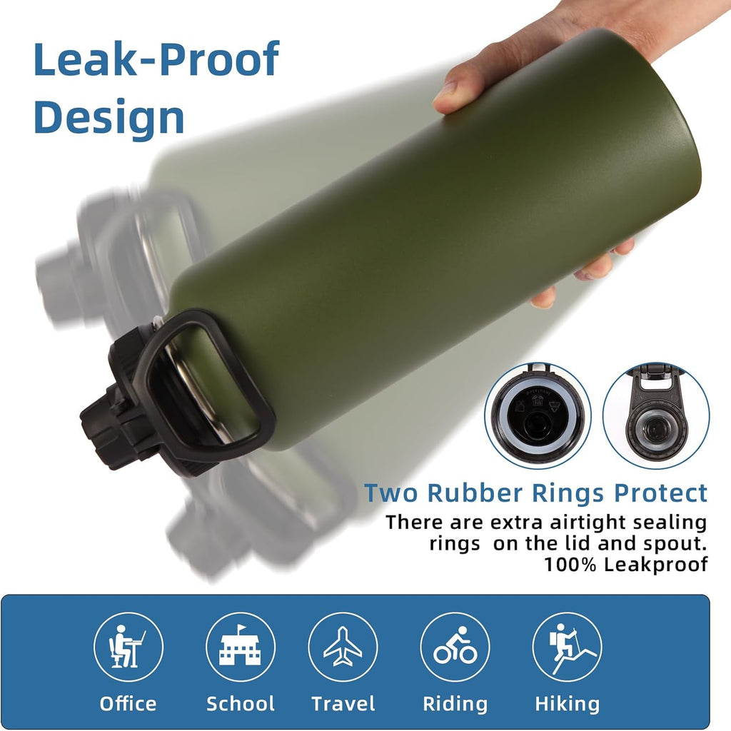 Volhoply Insulated Water Bottles Bulk 8 Pack, 40 oz Stainless Steel Sports Bottle with Paracord Handle Spout Lid, Vacuum Metal Travel Cups with Wide Mouth,Reusable Large Water Cup(Army Green,8 Set)
