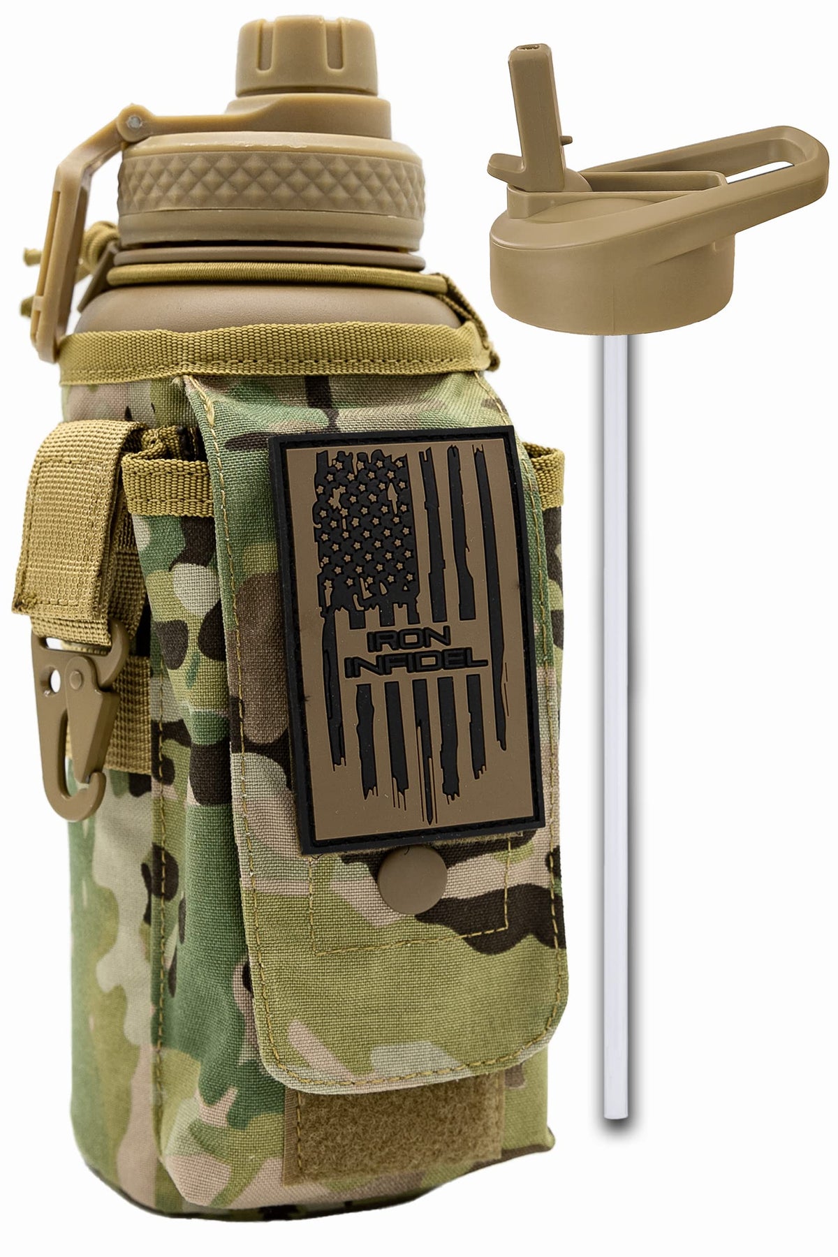 Iron Infidel Battle Bottle - One Gallon Insulated Water Bottle with Dual Carry Handles - 128 oz Tactical Stainless Steel Water Jug & Rugged Extra Large Sleeve With Storage (Black Camo 128 Ounces)