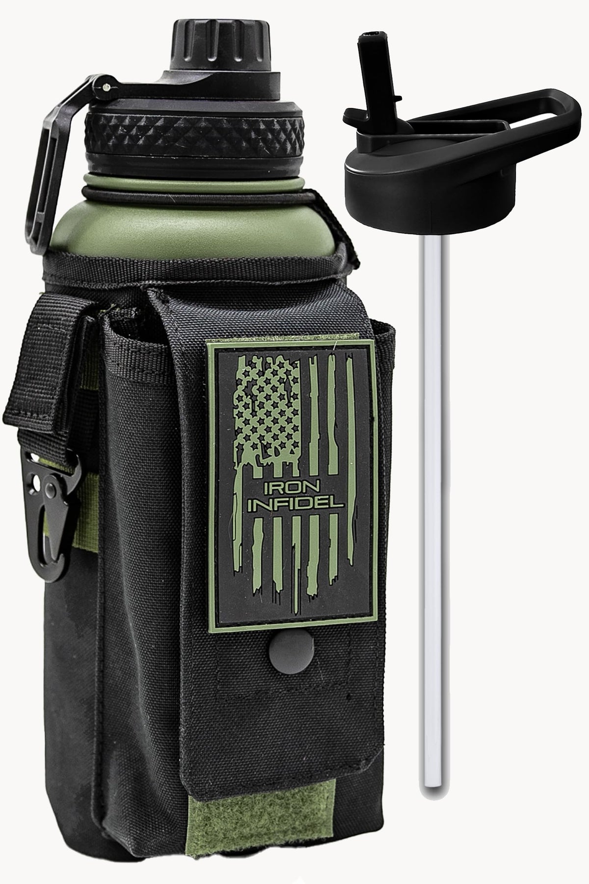 Iron Infidel Battle Bottle - One Gallon Insulated Water Bottle with Dual Carry Handles - 128 oz Tactical Stainless Steel Water Jug & Rugged Extra Large Sleeve With Storage (Black Camo 128 Ounces)