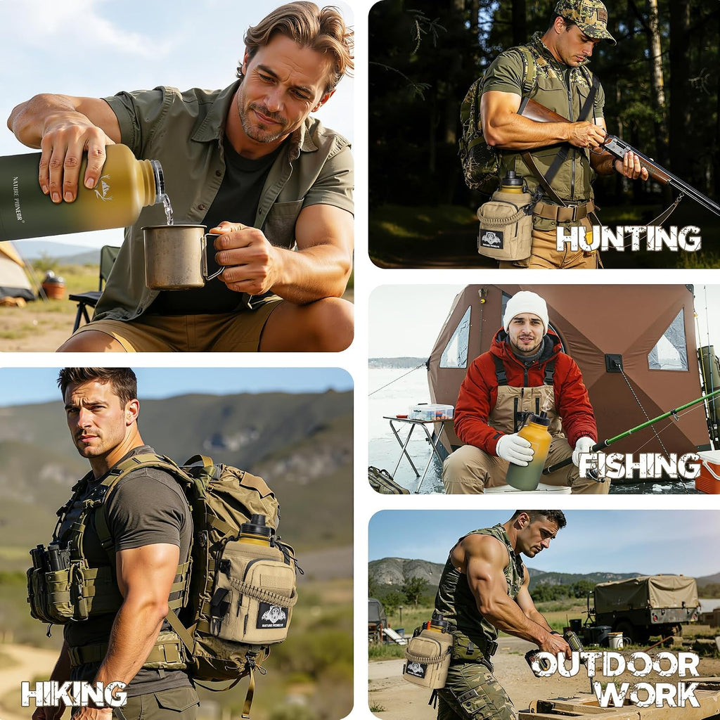NATURE PIONEOR 64 oz Tactical Water Bottle with MOLLE Bottle Pouch & 3 Lids