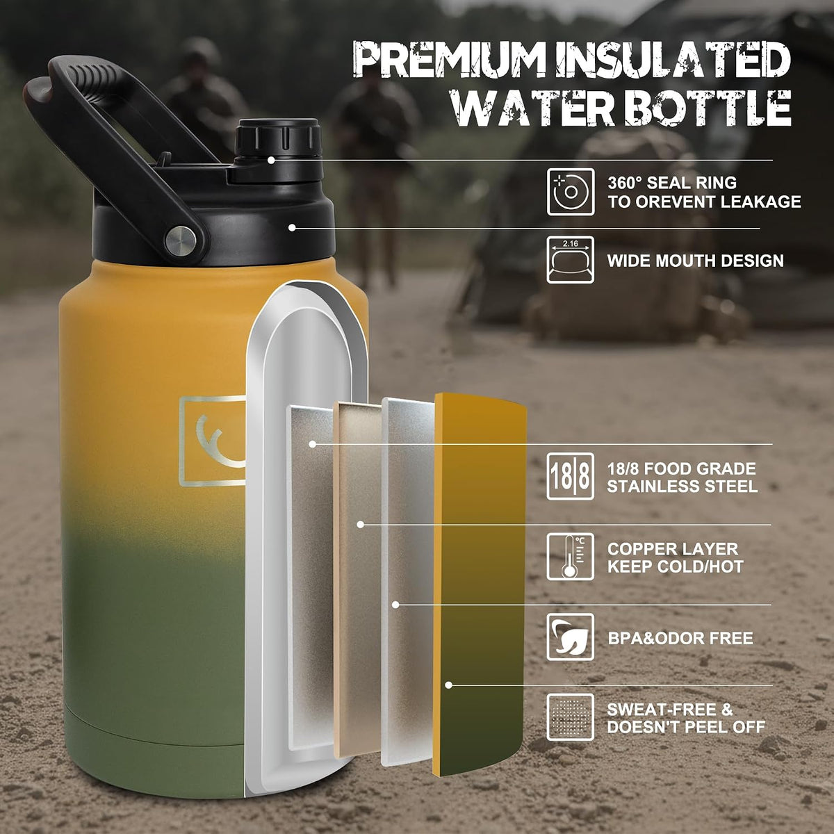 NATURE PIONEOR 128oz/1 Gallon Tactical Water Bottle with MOLLE Bottle Pouch