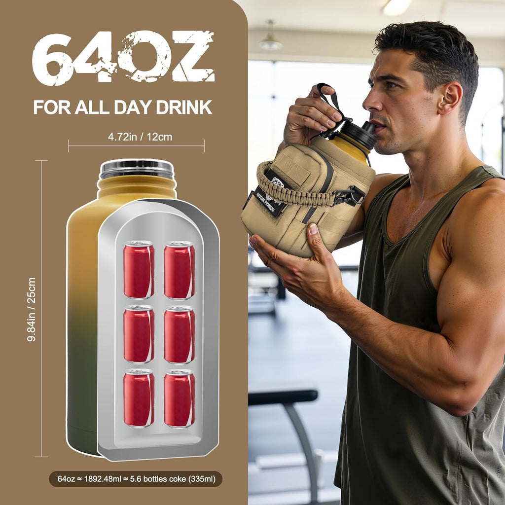 NATURE PIONEOR 64 oz Tactical Water Bottle with MOLLE Bottle Pouch & 3 Lids