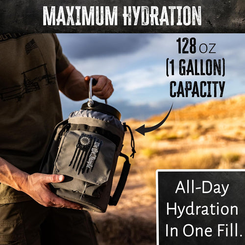 Iron Infidel Battle Bottle - One Gallon Insulated Water Bottle with Dual Carry Handles - 128 oz Tactical Stainless Steel Water Jug & Rugged Extra Large Sleeve With Storage (Betsy 128 Ounces)