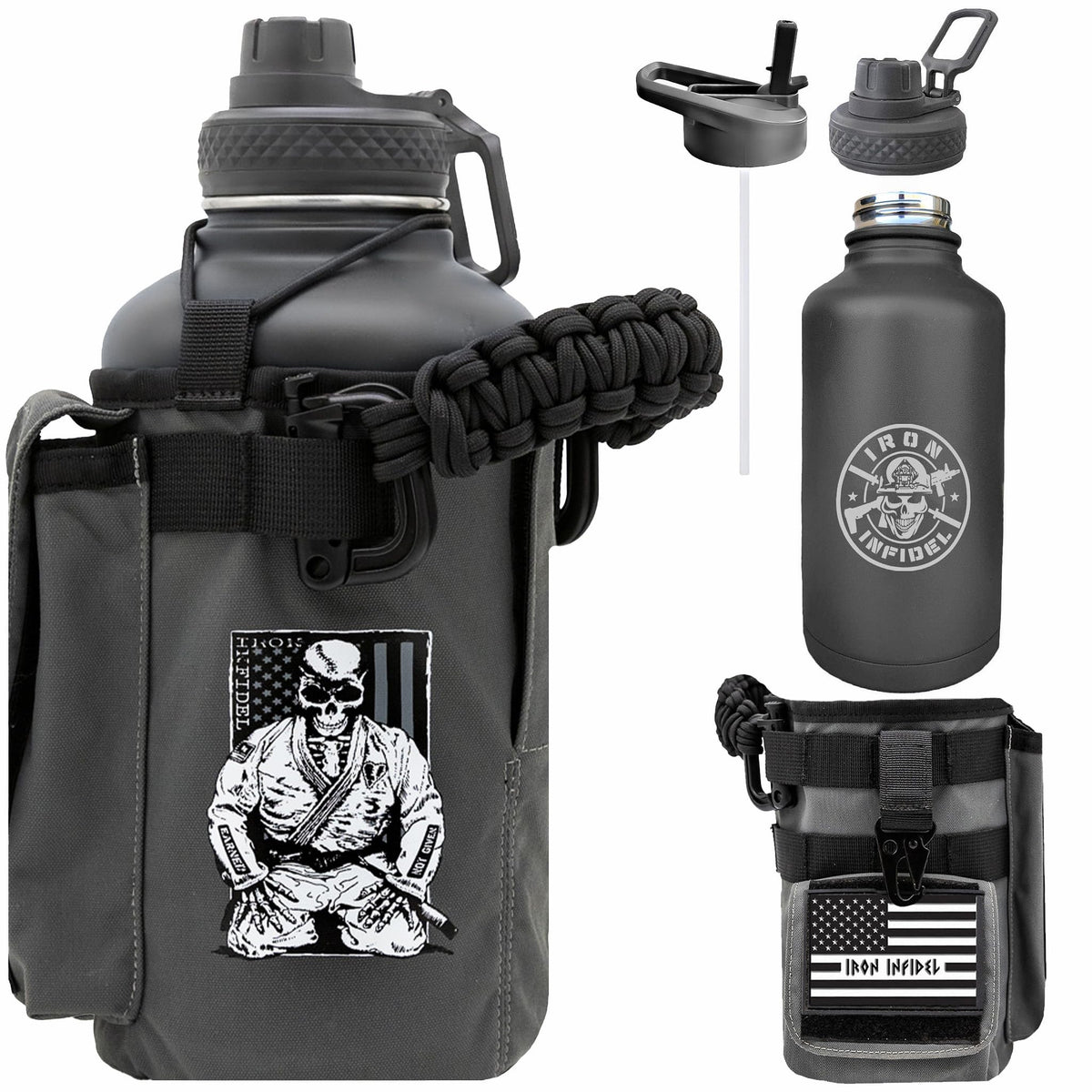 Iron Infidel Battle Bottle - One Gallon Insulated Water Bottle with Dual Carry Handles - 128 oz Tactical Stainless Steel Water Jug & Rugged Extra Large Sleeve With Storage (Black Camo 128 Ounces)