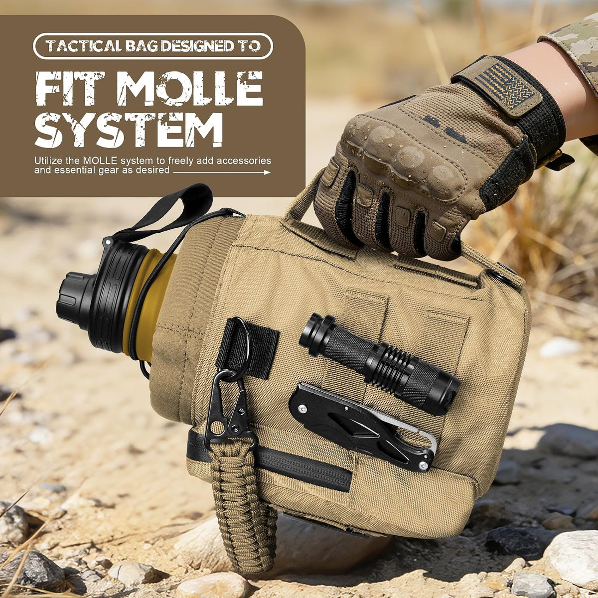 NATURE PIONEOR 64 oz Tactical Water Bottle with MOLLE Bottle Pouch & 3 Lids